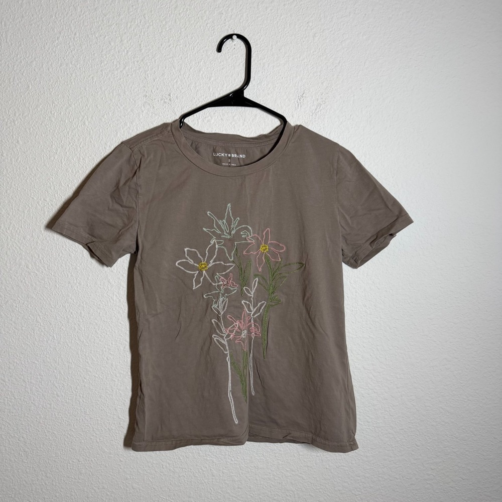 Lucky Brand T Shirt Womens Small Brown Embroidered Floral Crew Neck Streetwear